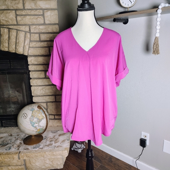 She + Sky Bright Pink V-Neck Blouse - Picture 1 of 4